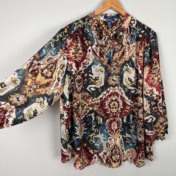 Chaps Blouse Top 3X Multicolor Printed Sheer Balloon Sleeve V-Neck Womens Plus - Picture 3 of 11